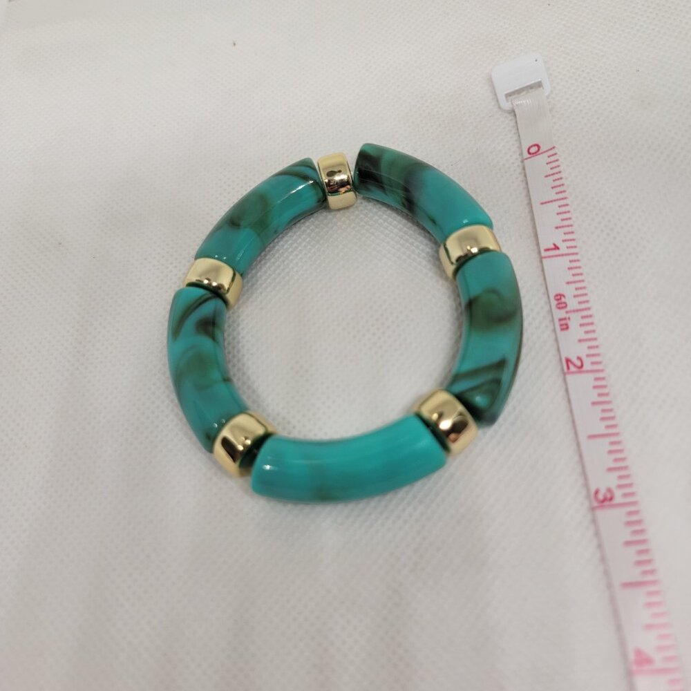 Gold Tone Turquoise Acrylic Stretch Bangle - 7" Stackable New - Picture 7 of 8